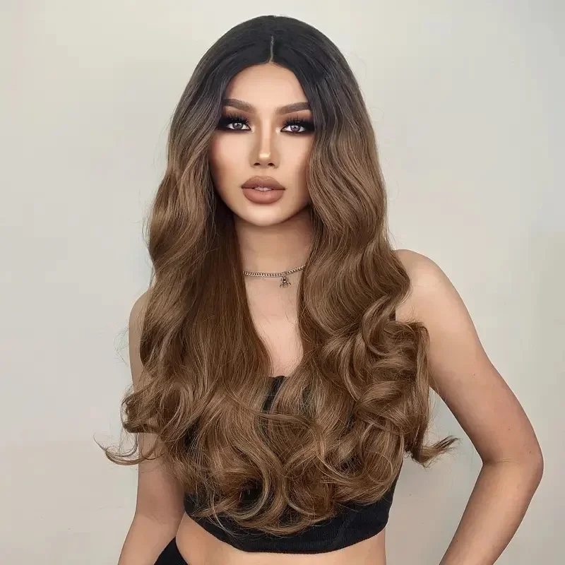 13x4 Lace Front Wig, Machine Made Middle Part Long Big Wavy Synthetic Wig for Women, Multi Color Highlight Full Head Wig