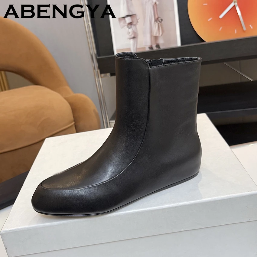 2025 الخريف موجزة جلد طبيعي حذاء من الجلد النساء جولة تو الجانب سستة تشيلسي الأحذية الإناث النمط البريطاني قصيرة بوتاس موهير #5