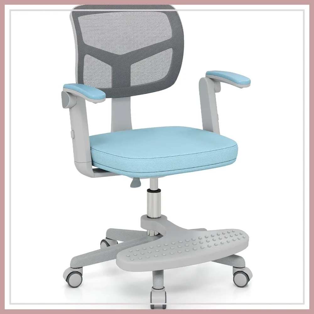 Chaise de bureau ergonomique pour enfants, hauteur réglable avec repose-pieds, chaise d'ordinateur en maille pour garçons et filles, bleue