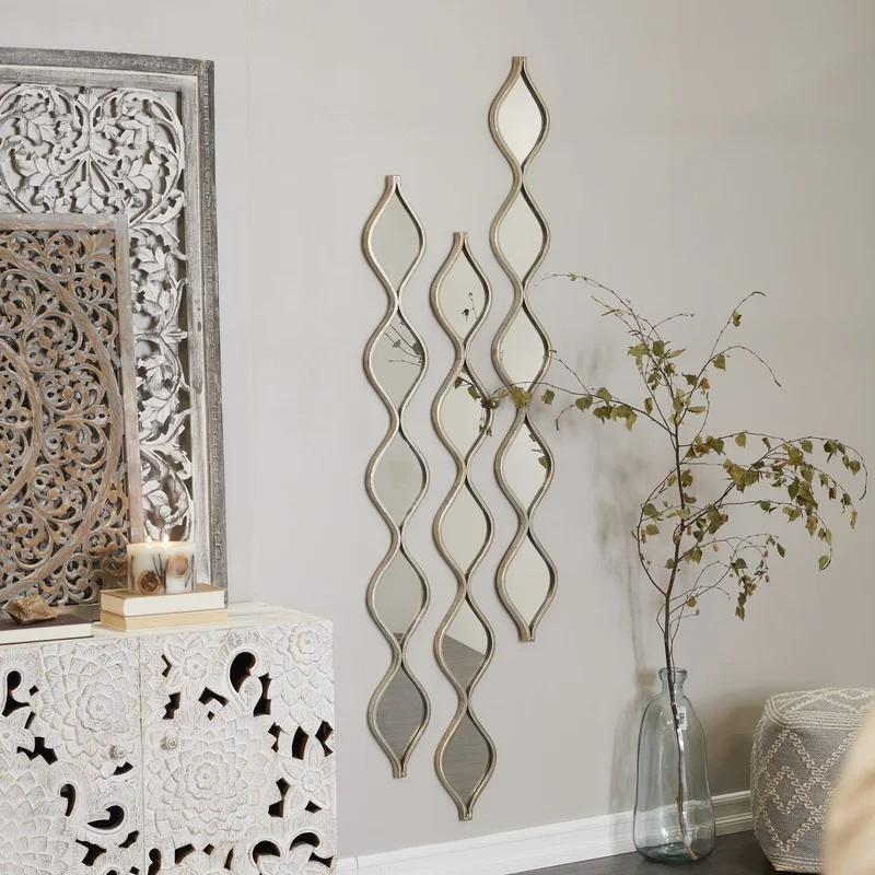 

Contemporary Metal Beveled Oval Wall Mirror Silver Slim Stacked Chain 5 Layer Teardrop Pattern Home Decor Indoor Use