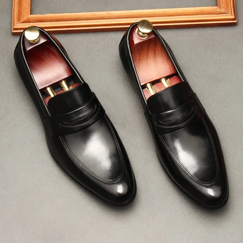 Formal Casual Oxford Shoes For Men Genuine Leather Pointed Toe Slip On Wedding Summer Loafers Men Black Elegant Dress Shoes Man