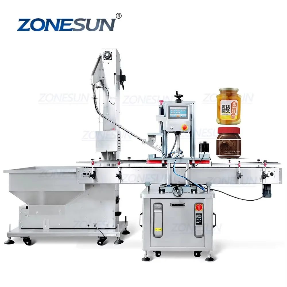 ZONESUN ZS-XG05 Automatic Servo Motor Twist Off Cap Capping Machine for Round Glass Jar Bottle with Cap Elevator