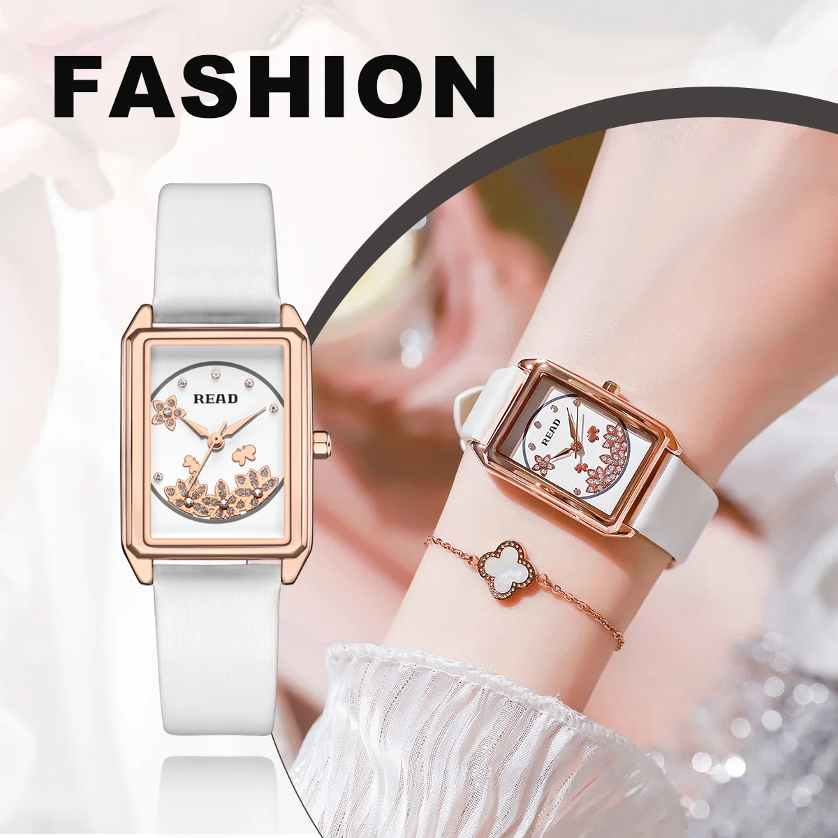 Ladies Rectangular Analog Watch | Flower Inlaid Dial | White Textured Band | Daily Water Resistant Rose‑Tone Fashion Dress Watch
