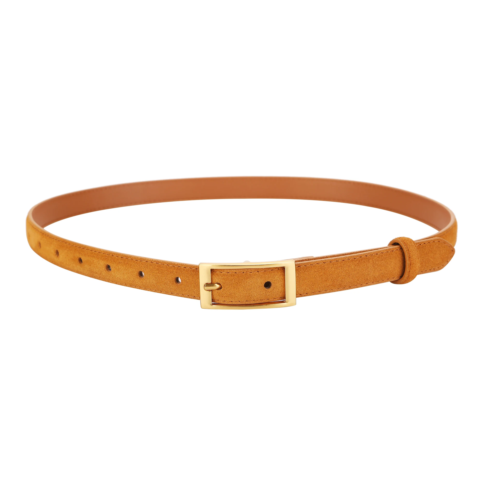 Luxuriöser Wildleder-Rindsledergürtel für Damen, Schmaler Ledergürtel für Kleider, Jeans und Hosen mit Goldener Quadratschnalle – Detail 12