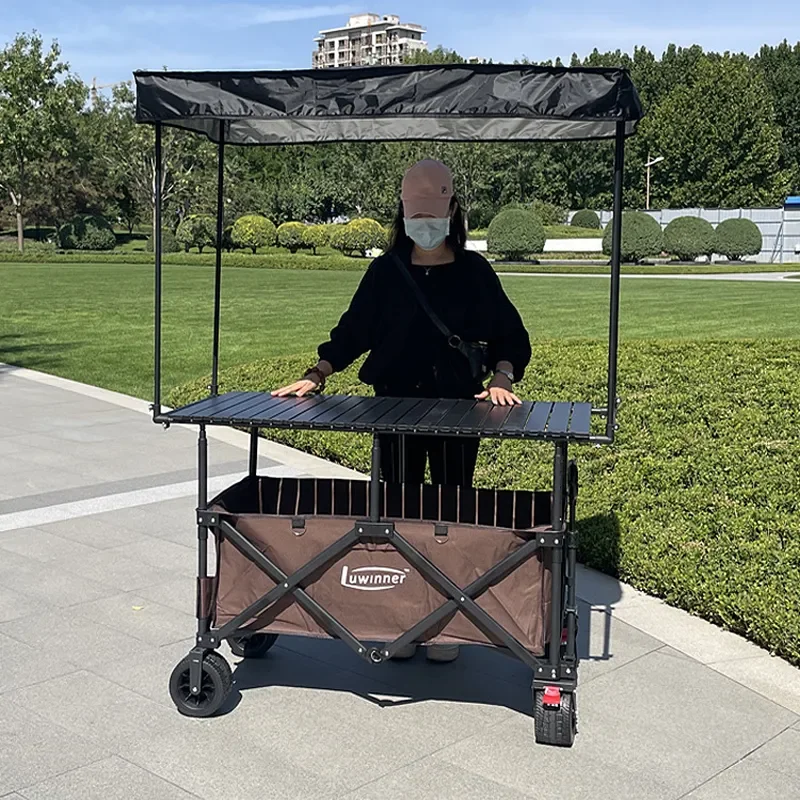 Foldable Mobile Food Cart with Large Table and Awning Portable Night Market Snack Stall Trolley for Street Vendors