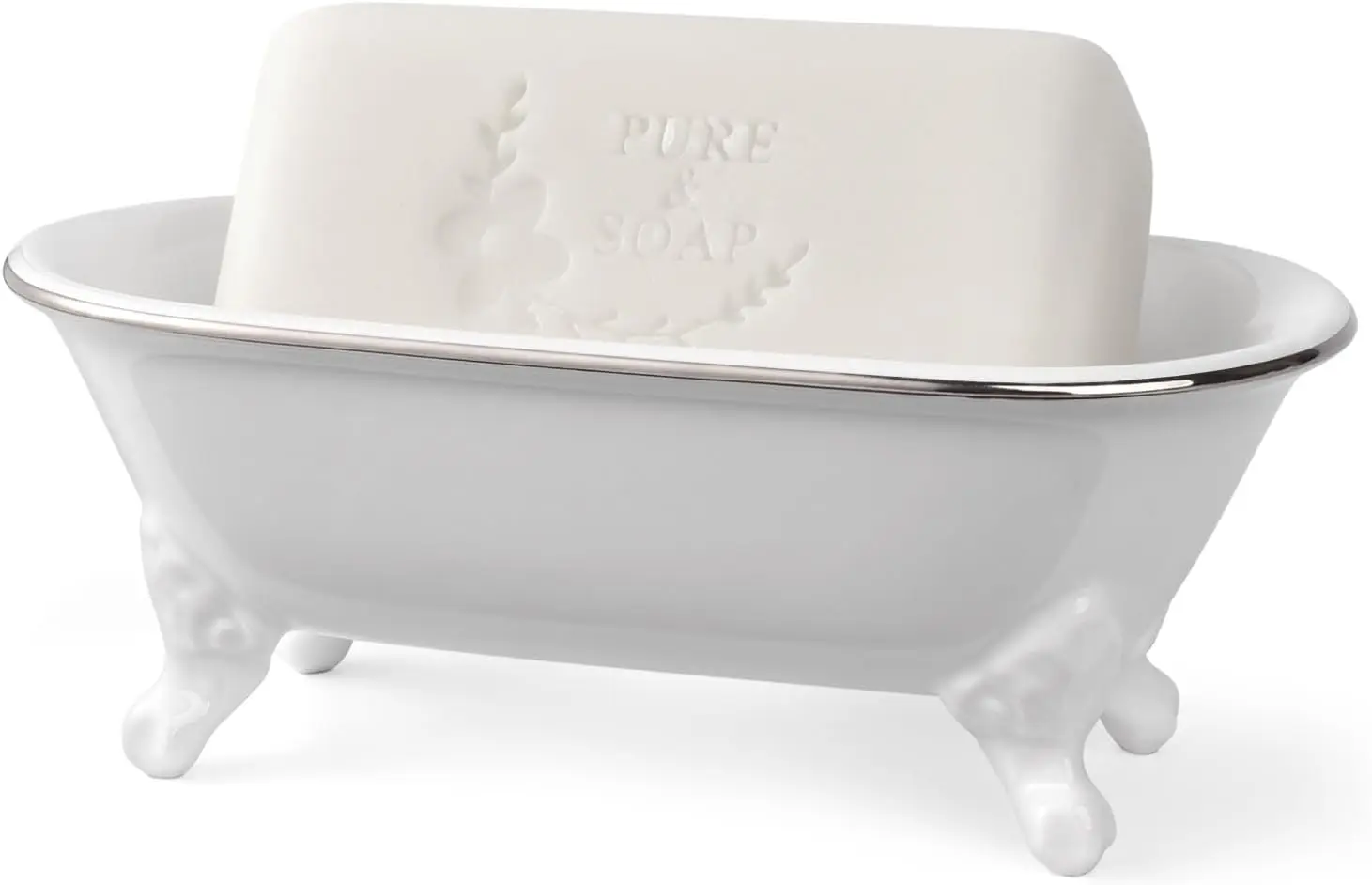 

Vintage Clawfoot Bathtub Soap Dish, Ceramic Sponge Holder for Bathroom Kitchen, White Silver Rim