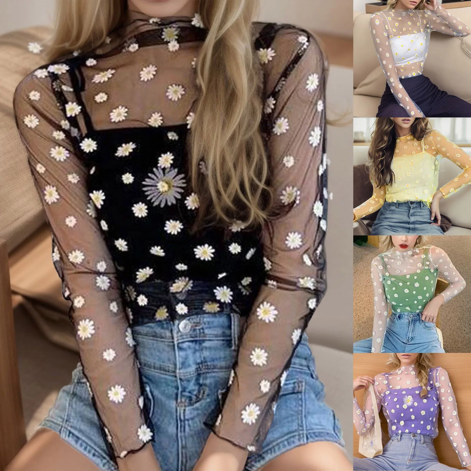 Women Daisy Print Lace Sheer Tops Sexy Tees Long Sleeve Thin Mesh Shirts Fashion Ladies Top 2024 Summer Sunscreen Blouse Blusas