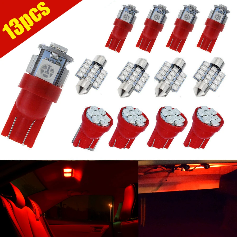 13pcs Red 12V LED Light Bulbs T10 License Plate Dome Lights Interior Lamp License Plate Kit Universal Car Lights Accessories