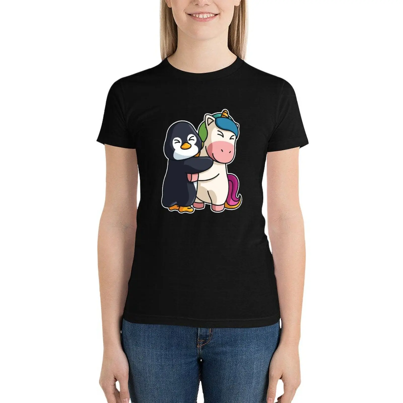 

Penguin and Unicorn cute Hug Cuddle Animals T-Shirt Aesthetic clothing anime clothes black t shirts for Women