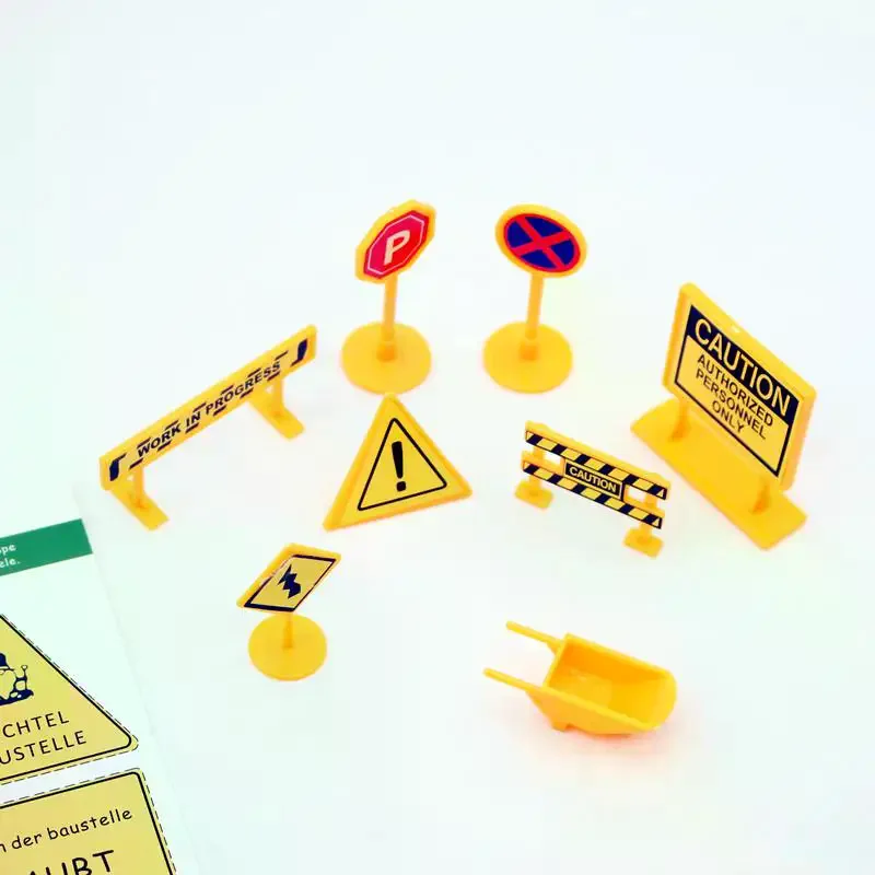 8Pcs Puppenhaus Stadt Engineering Straße Zeichen Gelb Verkehrs Modell Simulation Artikel Ornament Miniatur Spielzeug Puppe Haus Zubehör