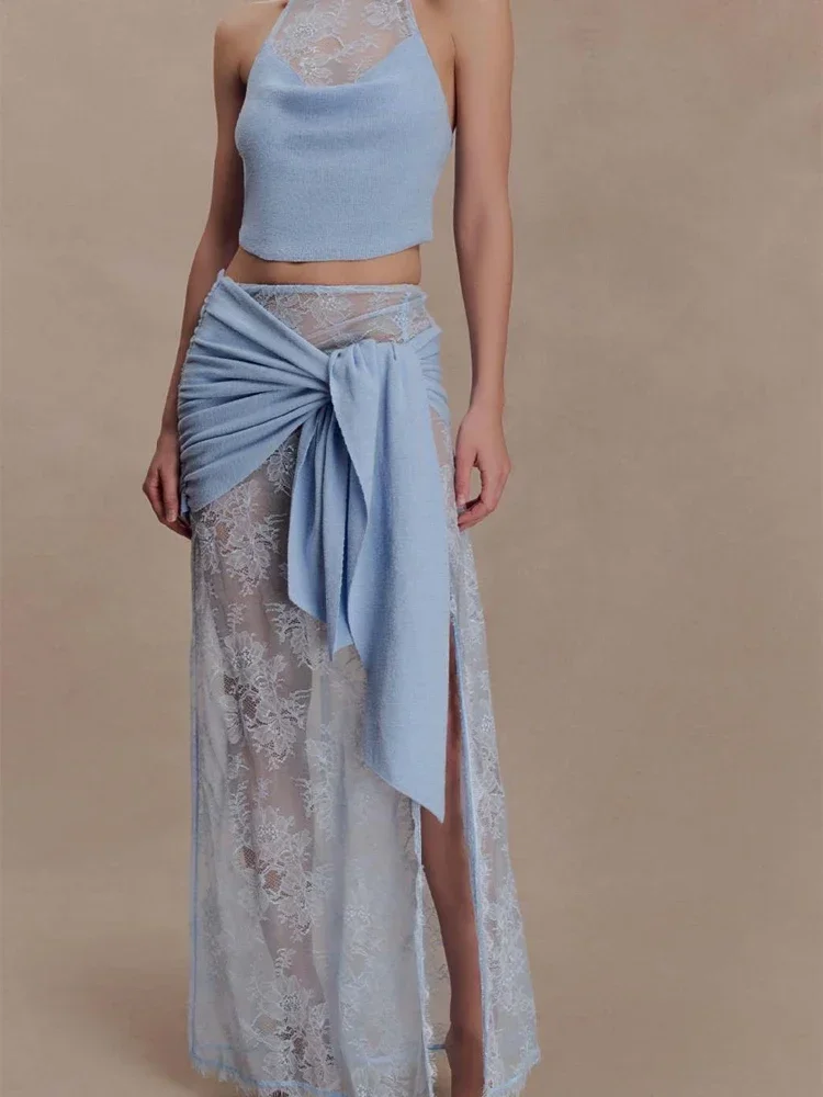 

Sexy Women Lace Patchwork Crochet Maxi Skirt Sets Bandage Pleated See Through Split Skirts Suit 2026 Lady Vacation Beach Outfit