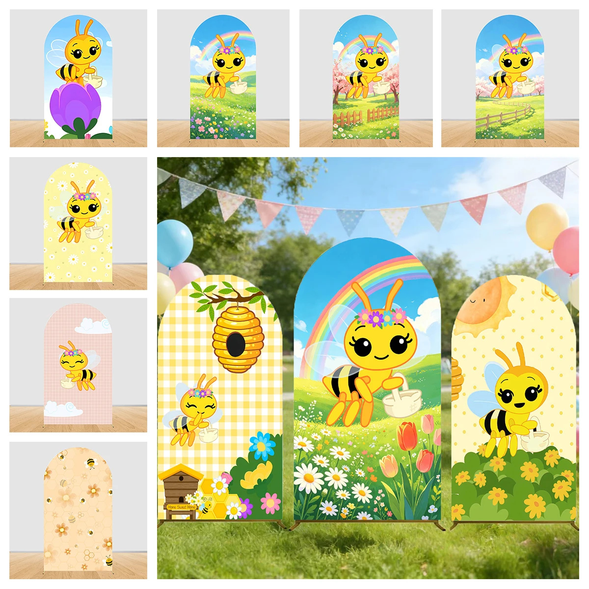 Honey Bee Theme Backdrop Arched Cover Baby Shower Photography Props Kids Party Decor Photo Photographic Background Props Booth