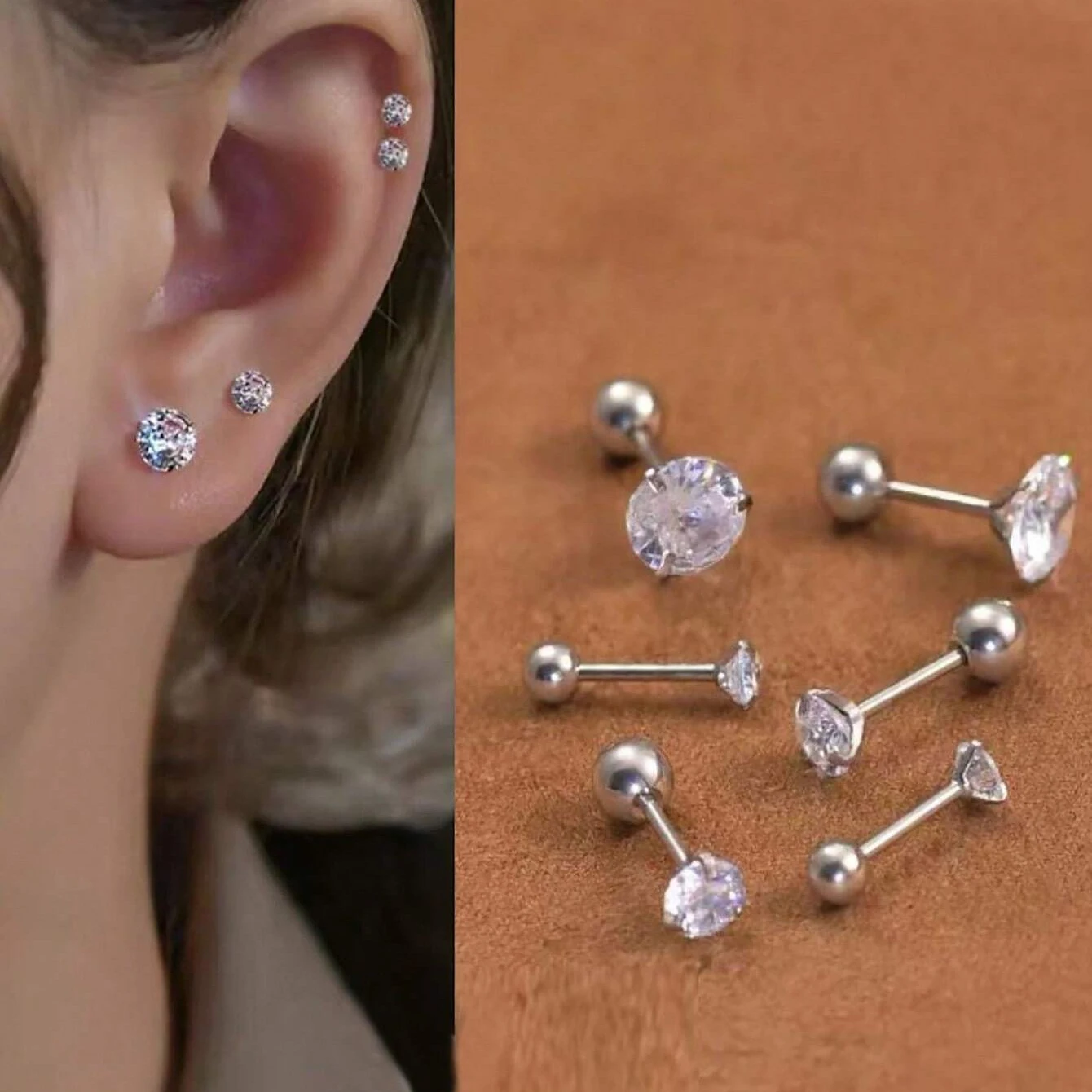 6pcs/Set Stainless Steel Cubic Zirconia Ear Bone Stud Earrings Women Men Cartilage Ball Flat Head Screw Earrings Jewelry 3/4/5mm