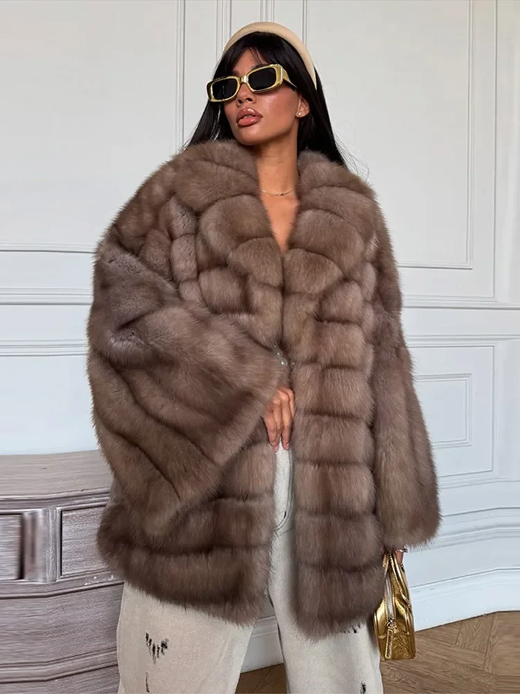 

Luxury Overcoat 2025 New Winter High Street Elegant Fake Fur Coat Women Bell Sleeve Lapel Suede Surface Girdle Coats Unique