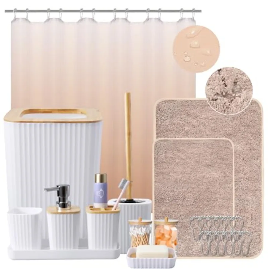 

24Pcs with Shower Curtain Rug s Complete with Trash Can Soap Dispenser Soap Dish Toilet Brush Toothbrush Holder and Cup Tray Q-