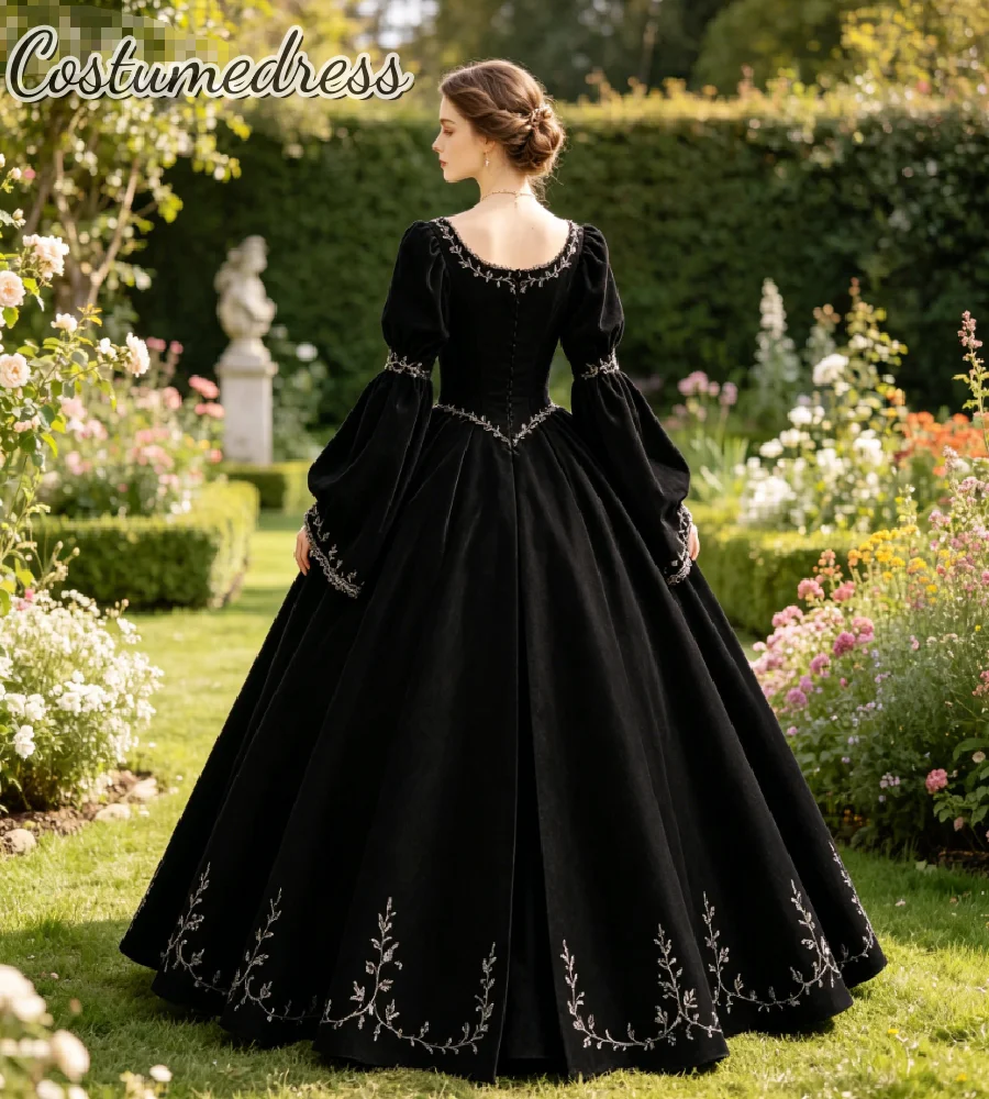 Black Velvet Victorian Evening Dress 2026 Medieval Historical Long Sleeve Prom Gowns Appliques Lace Costume Renaissance Royal