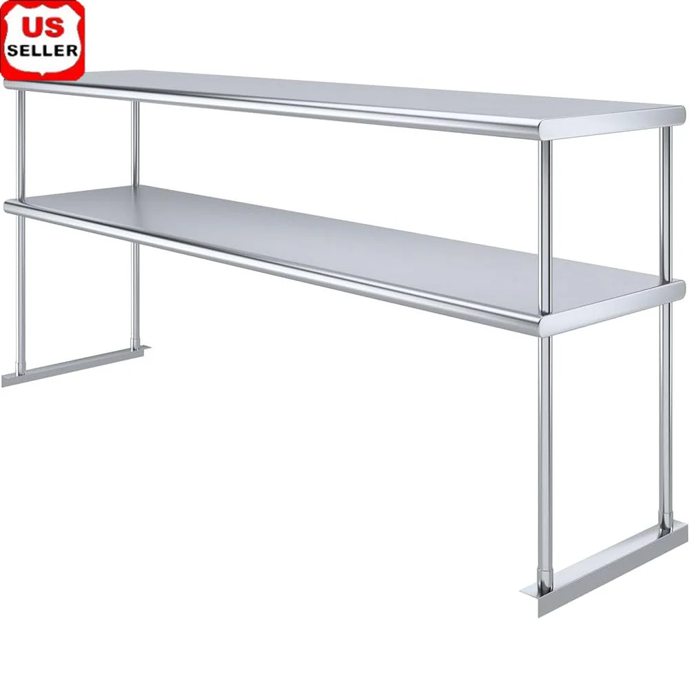 Stainless Steel Double Tier Shelf Work Table Overshelf NSF Certified Heavy Duty Industrial Kitchen Storage Solution 72in x 18in