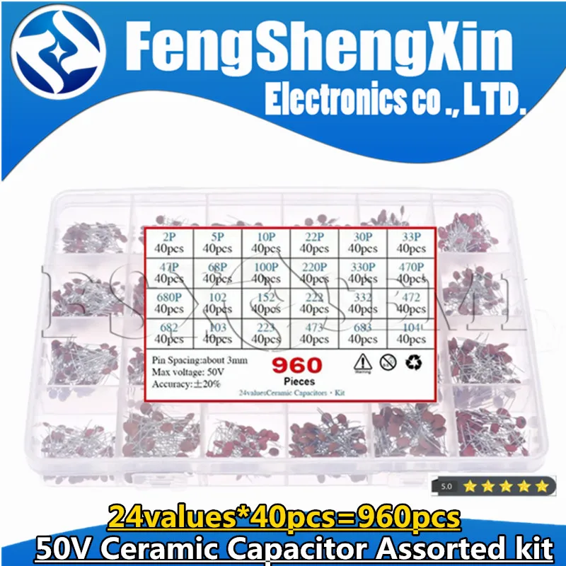 24values*40pcs=960pcs 50V Ceramic Capacitor Assorted kit 2pF-100nF 104 Assortment Set + Box