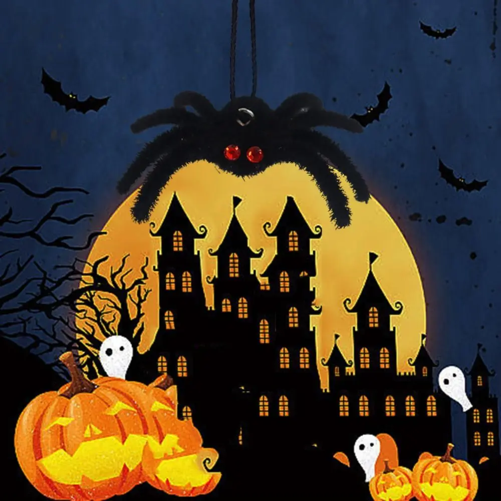 

Funny Halloween Plush Spider Pendants Fake 3D Flocking Black Spider Cartoon Realistic Artificial Spider Bar Party Decoration