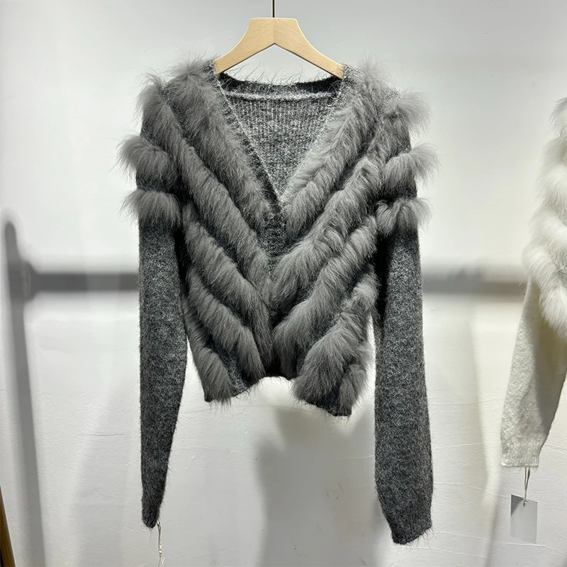 2025 weibliche Kamel Natürliche Fuchs Pelz Außerhalb Dekoration Mädchen Herbst Weiß Pullover Gestrickte Langarm Mantel