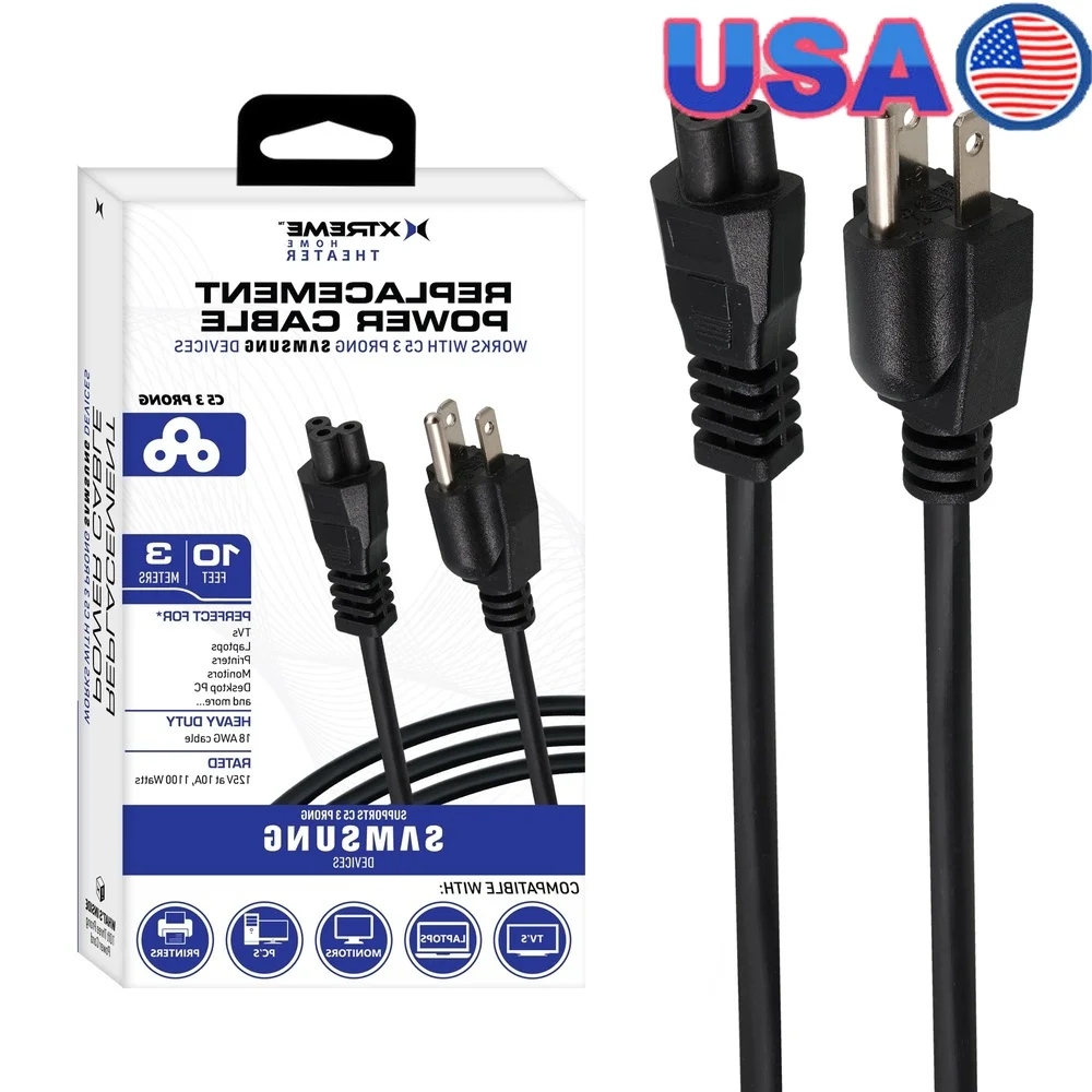 

10ft 3 Prong Replacement Power Cord Compatible with Samsung LG Dell Acer Monitors Printers Heavy Duty 18 AWG Durable Cable