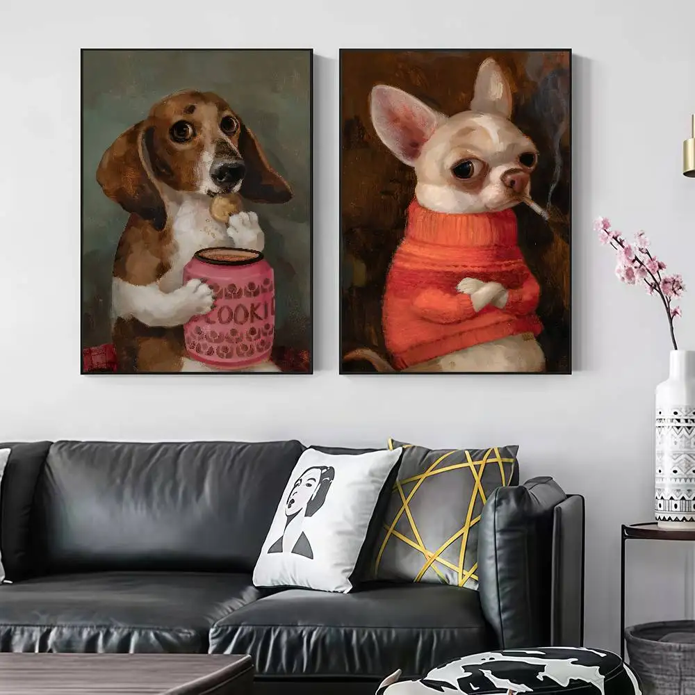 Funny Cute Dog Oil Paintings Peelable Self-adhesive Poster Stickers Are Suitable For Frameless Wall