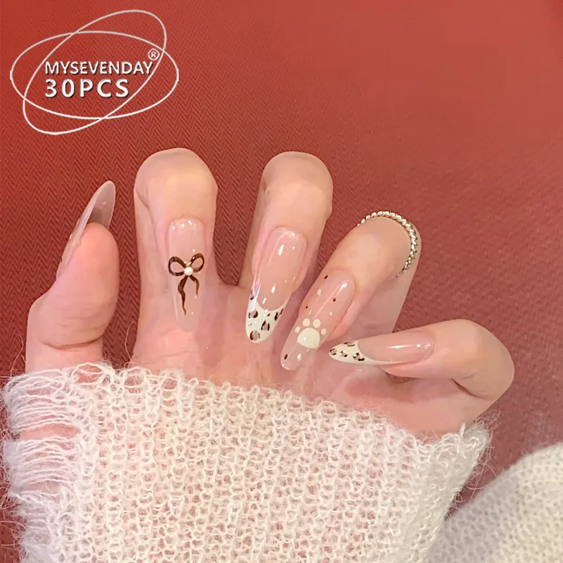 

30pcs Cartoon French Almond Fake Nails Nanicure False Nail Bear Bow Full-Coverage Nail Tips for Women&Girl Detachable Fake Nail