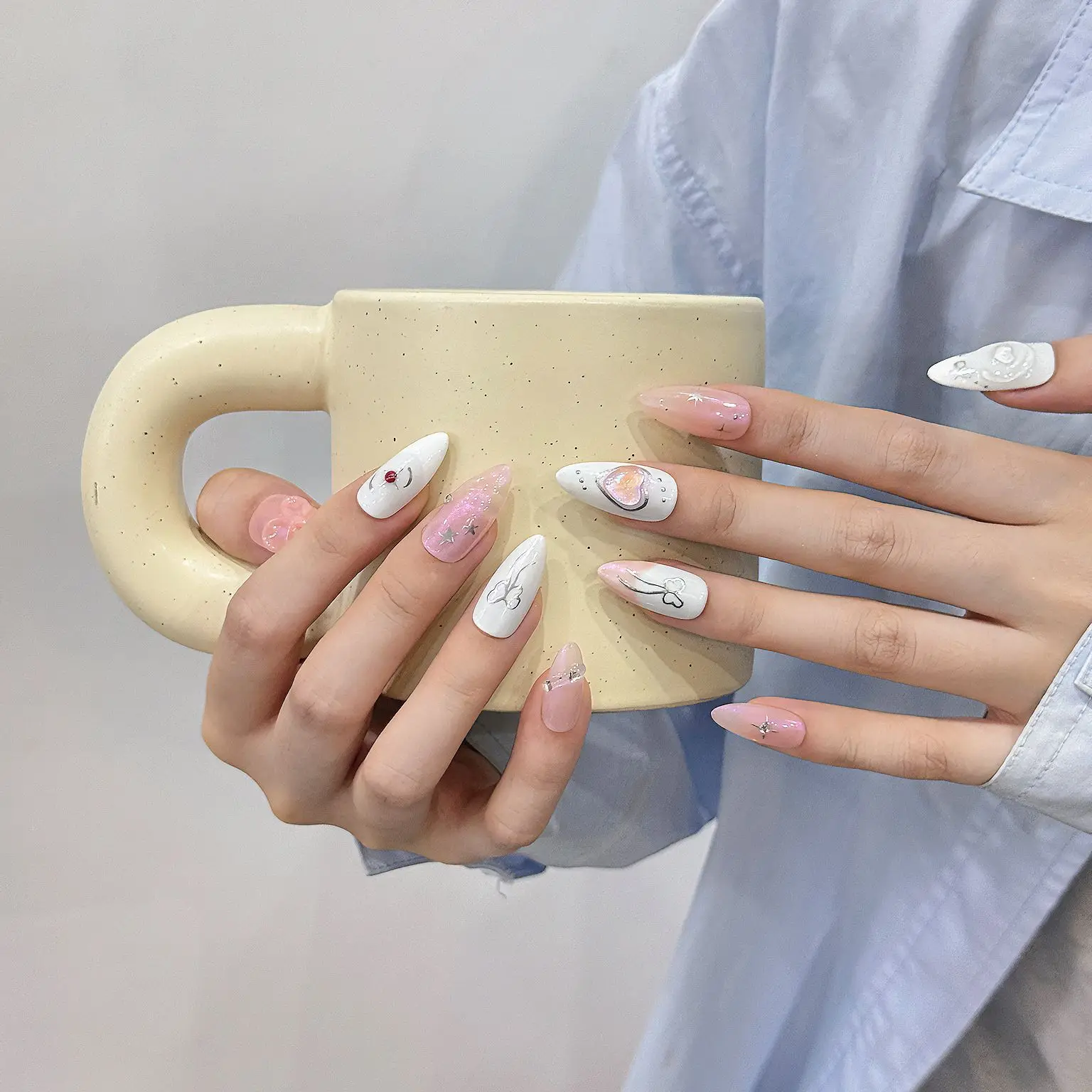 Uñas postizas hechas a mano para niñas, manicura Y2K, diseño de lazo, Ballet, estilo francés, rosa, 10 piezas