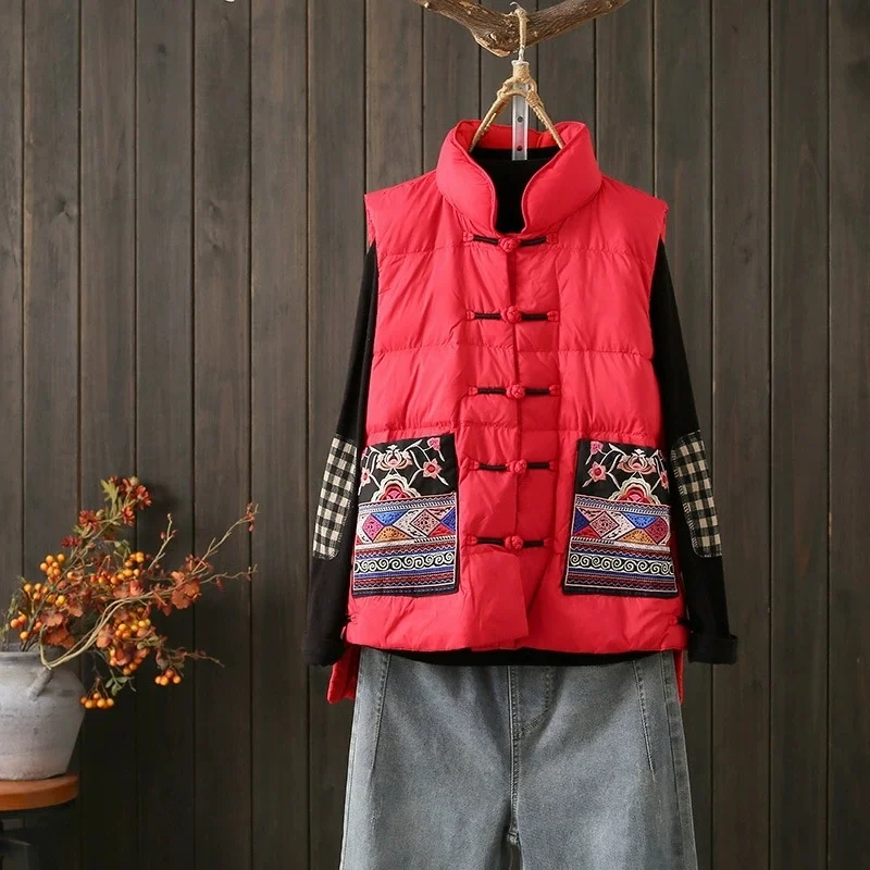 Chinese Style Vintage Frog Down Waistcoat Coat Women Warm Light White Duck Down Vest Parkas Ladies Sleeveless Short Tank Jacket