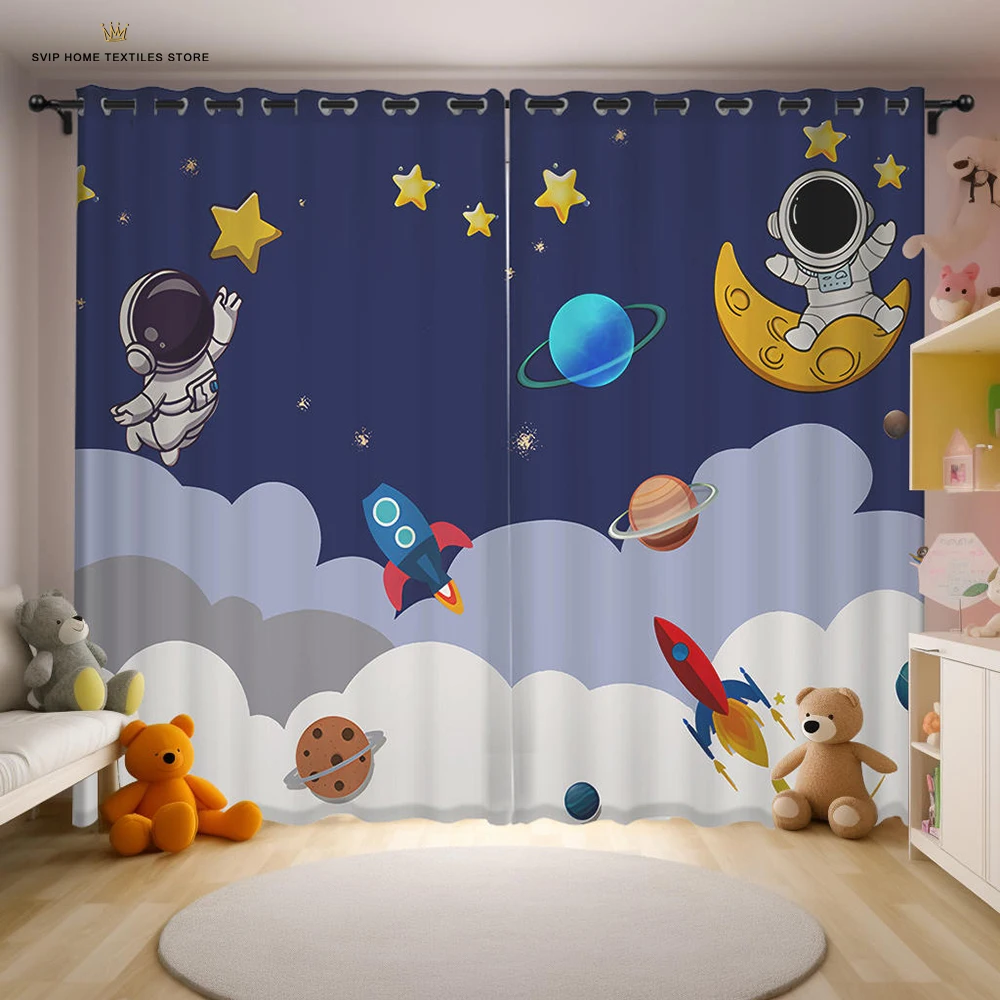 Cartoon Out Space Curtains for Kids, Galaxy Rocket for Baby Boys Bedroom, Children Astronaut Planet Starry Art Printed, Playroom