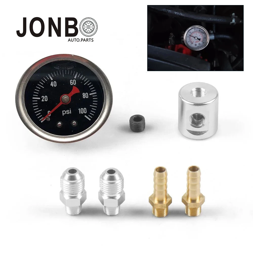 JONBO  0-100psi/0-160 psi Oil Press Meter Fuel Pressure Gauge Liquid  and 1/8 NPT adaptor kit For fuel injection systems