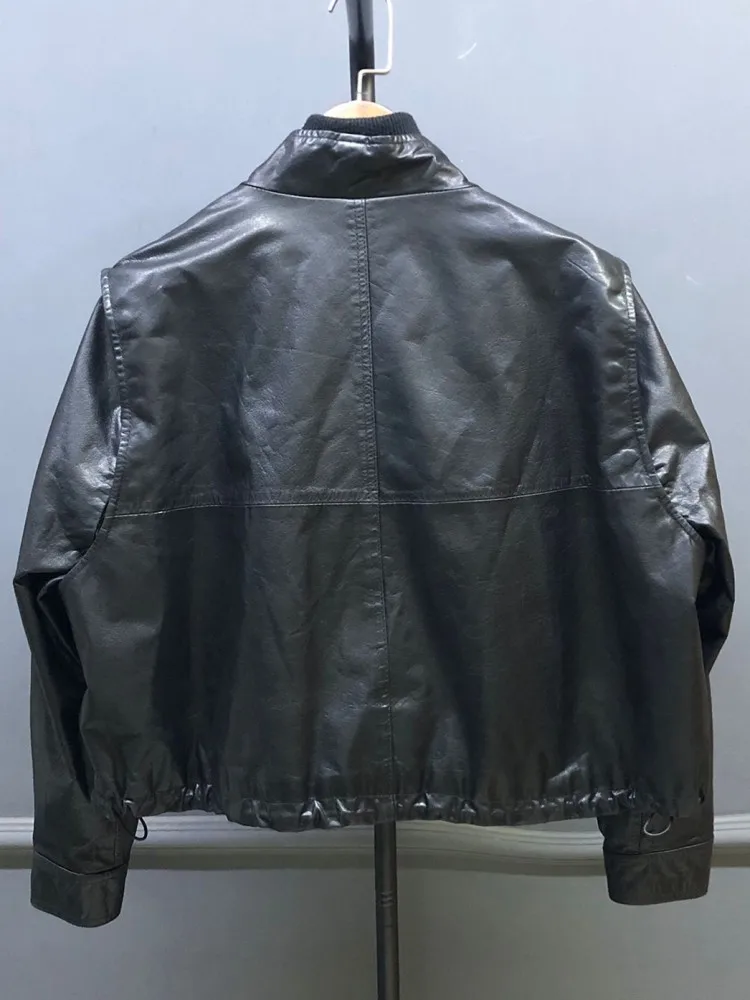 Streetwear Female Solid Color Sleeve Detachable Genuine Leather Jacket Loose Cowhide Pocket Zipper Long Sleeves Outerwear