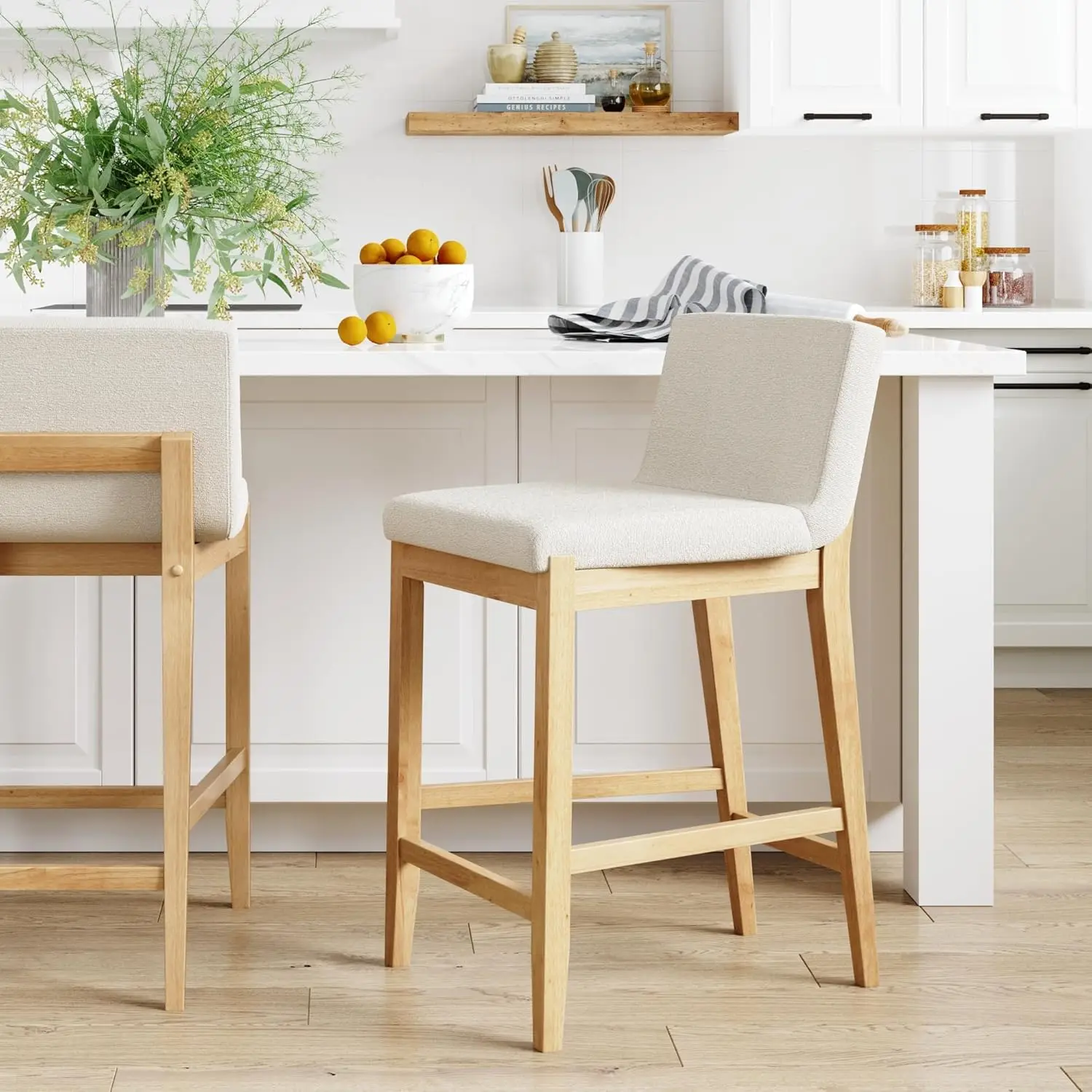 

Modern Counter Height Bar Stool with Back, Counter Stool Upholstered Chair with Natural Textured Linen and Brushed Wooden Legs
