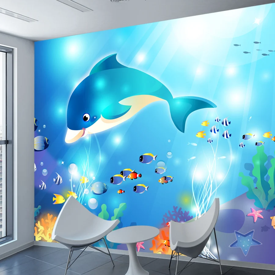 Custom Self Adhesive Optional Wallpapers for Bedroom Kids Baby Room Sea World Dolphin TV Contact Wall Papers Home Decor Prints