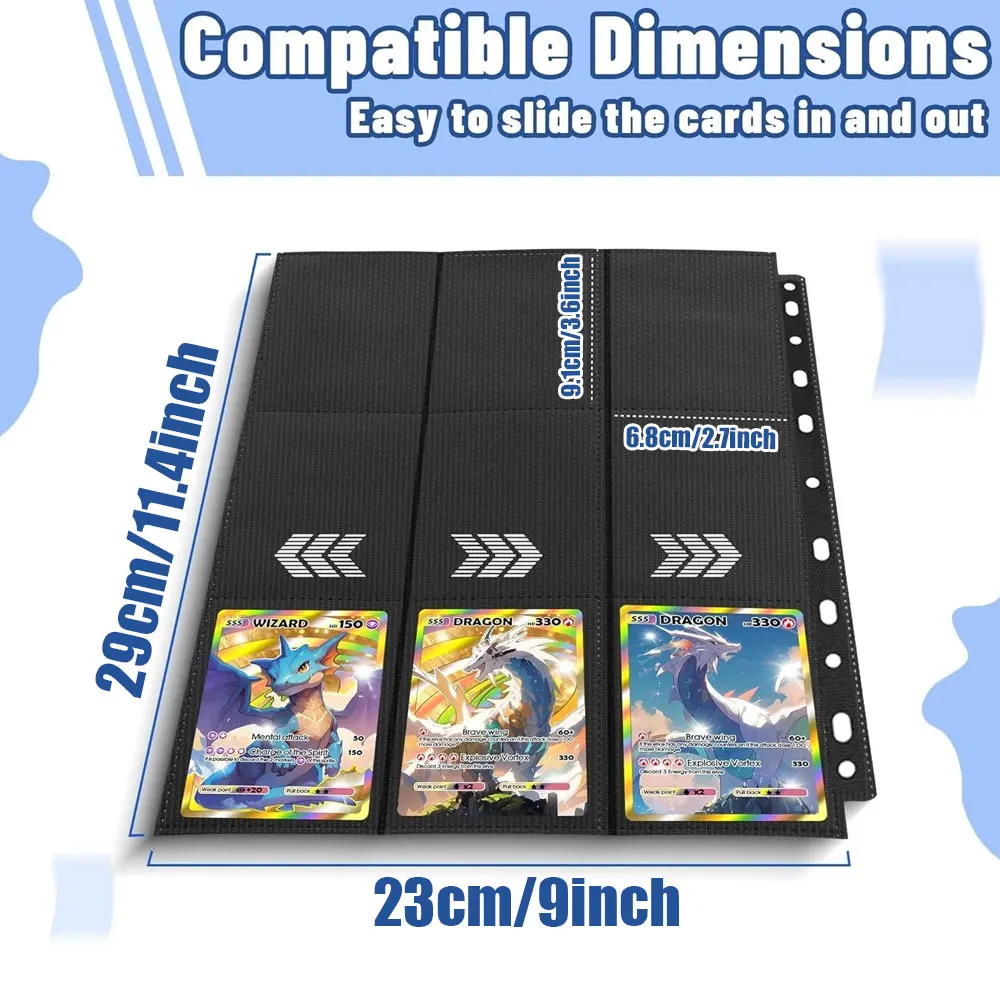 60 Blank Game Card Sleeves with 9 Slots Each, Holding Up to 1080 Standard Cards - Compatible with 2/3/4-Hole Binders.