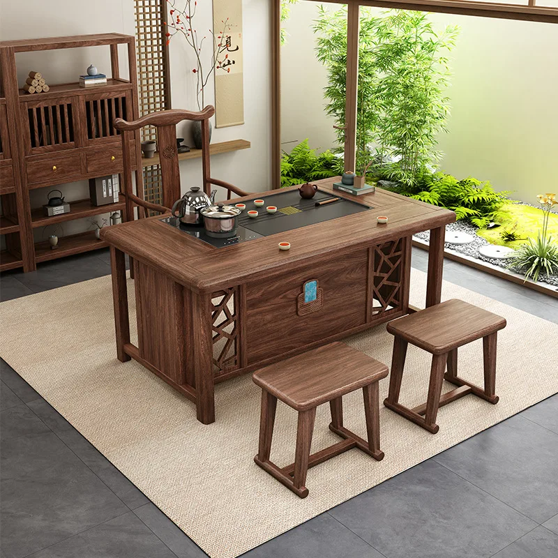 Chinese walnut solid wood household medium and small apartment living room balcony tea table chair wet brewing tea table light