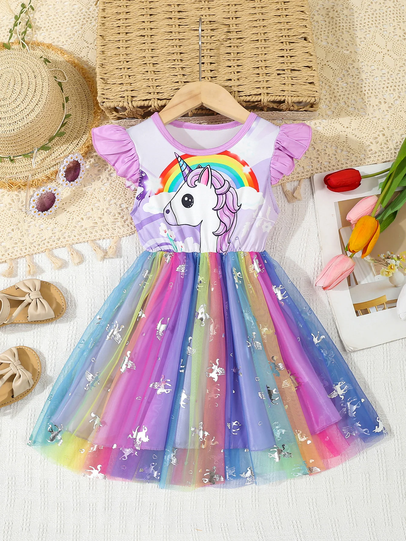 Sommer Kinder Baby Mädchen Kleid Niedlichen Cartoon Gedruckt Ärmelloses Prinzessin Kleid Bunte Mesh Kinder Ballkleid Baby Mädchen Kleidung