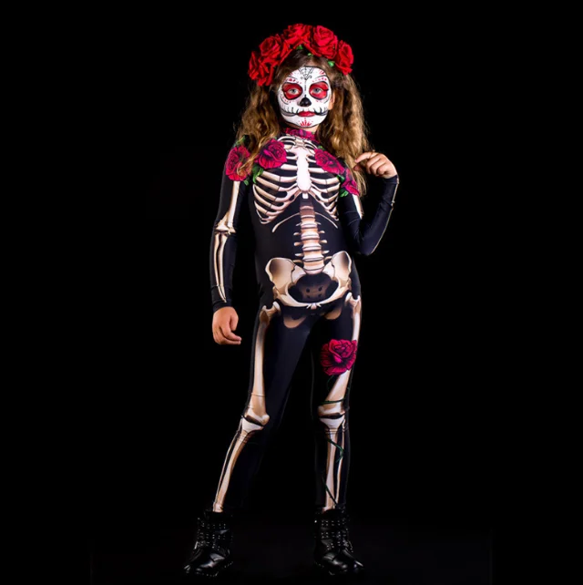 Woman Cosplay Skeleton Rose Sexy Bodysuit Halloween Devil Ghost Specter Jumpsuit Romper Party Carnival Performance Scary Costume