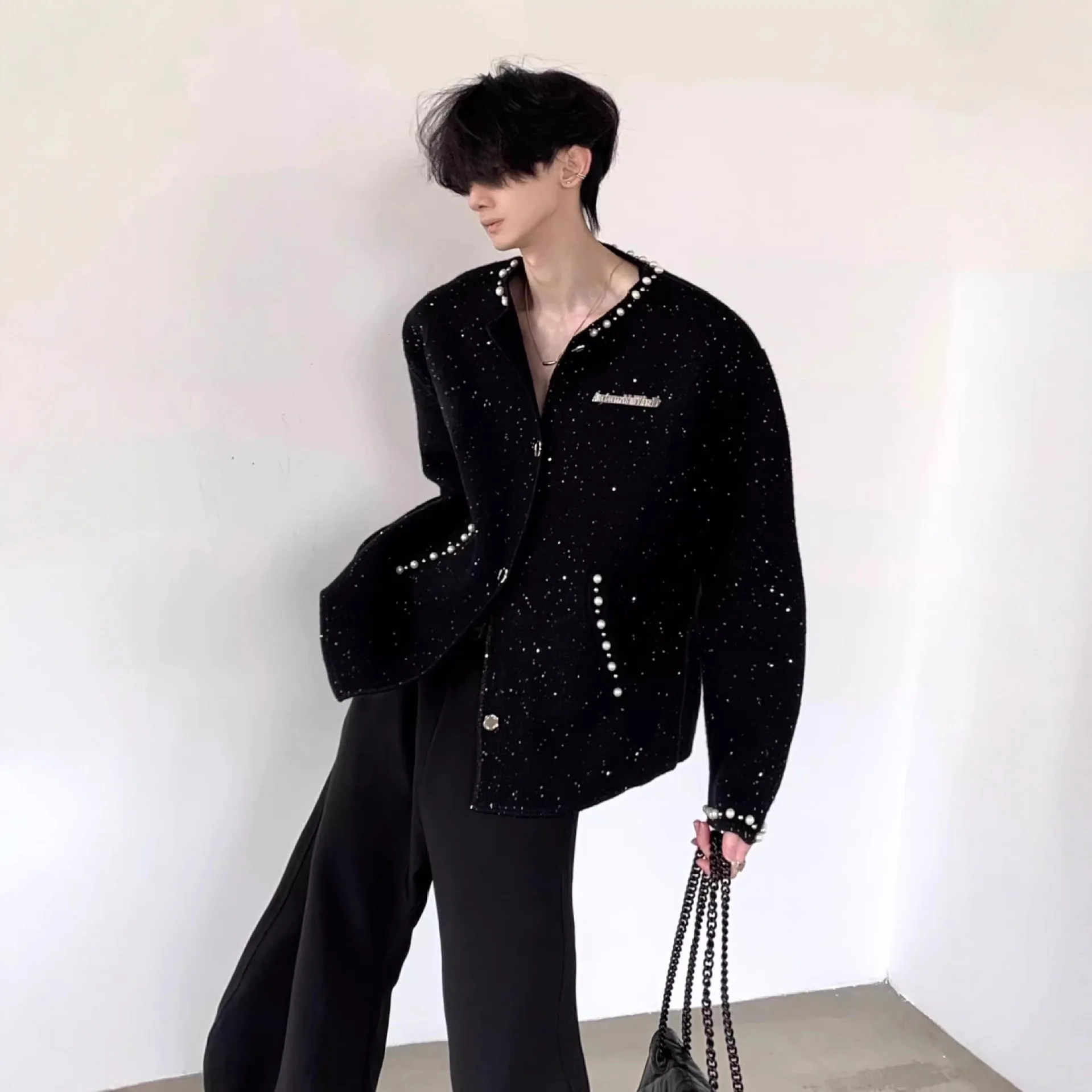 

Мужской черный кардиган в осеннем горном стиле/нишевый дизайн с жемчужным декором, повседневный и изысканный твидовый жакет с пайетками