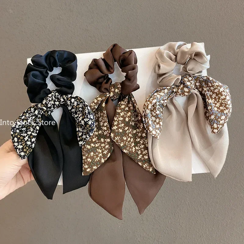 Bowknot Hair Ties Floral Ponytail Ribbon Bow New Women Scrunchies Knotted Print Sweet Elastic HairBand Hairs Accessories