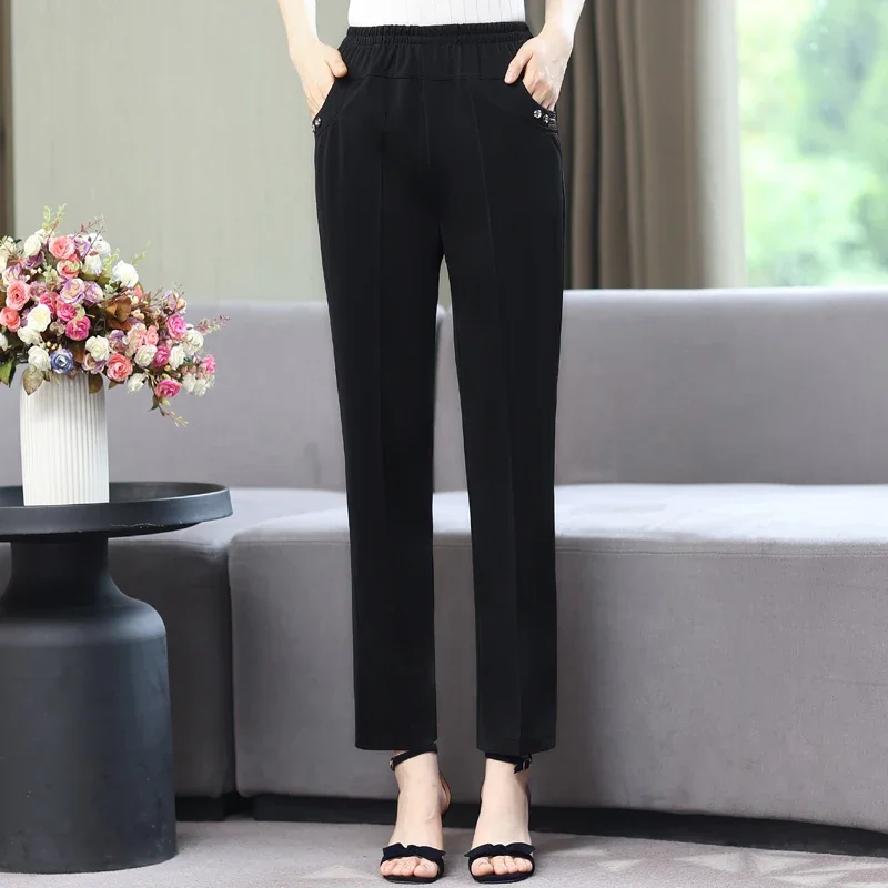 Middle-aged Women Pants High Waist Summer Women's Classic Pants for Mother 2023 Korean Fashion Elastic Waist Basic Black Pants