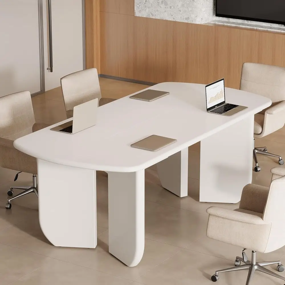 

Conference Table for 4-6 People, 63 Large Meeting Table with Rounded Edges & Curved Base, Rectangle Conference Room Table, Moder