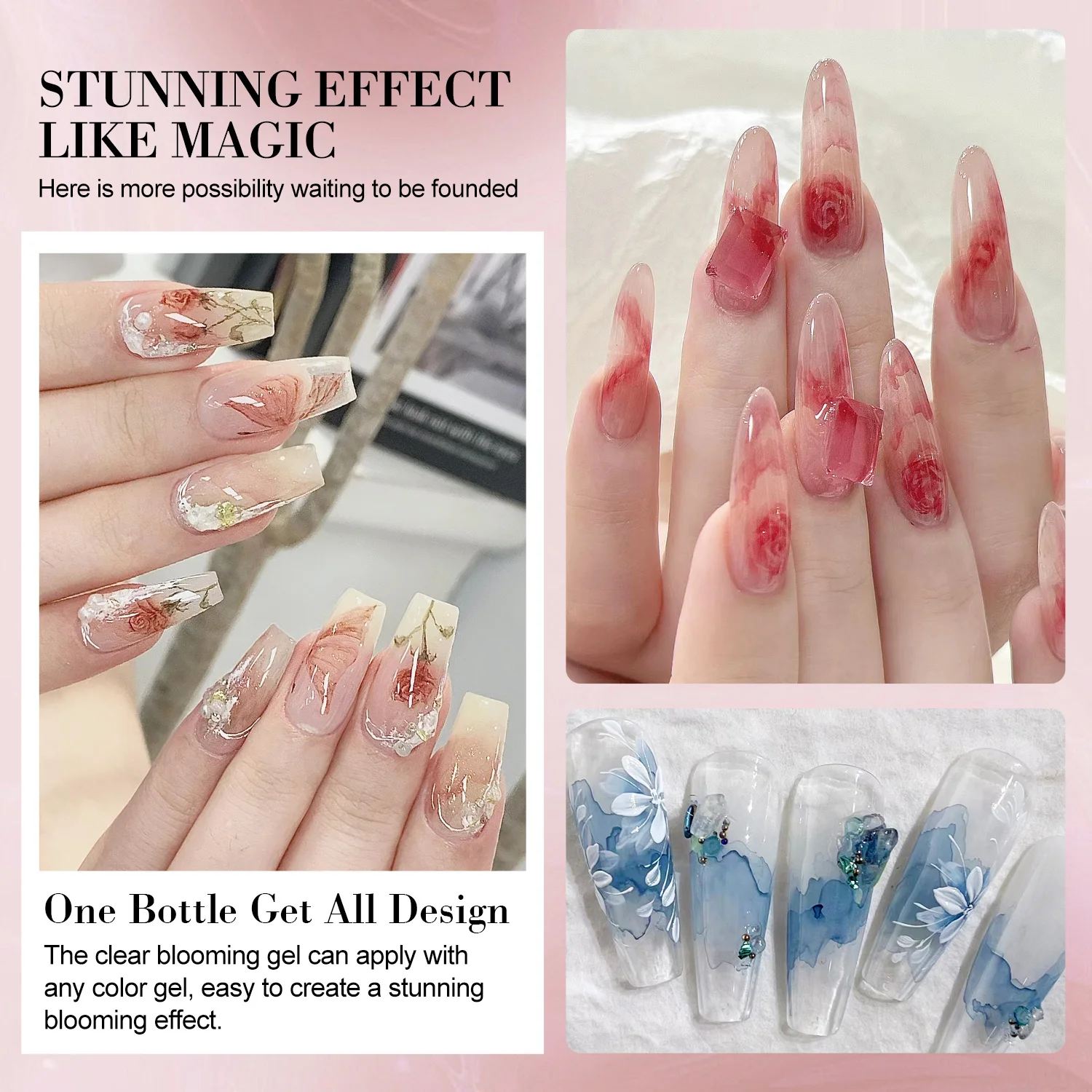 LIMEGIRL Blooming Gel 15ml Przezroczysty lakier hybrydowy UV LED Blossom Gel do efektu rozprzestrzeniania się Marmur Kamień Naturalny Akwarela Kwiatowy Wzór DIY