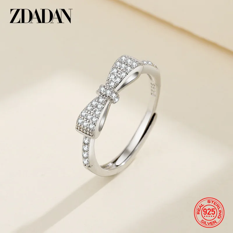 ZDADAN 925 Sterling Silver Bowknot Zircon Adjustable Rings For Women Fashion Jewelry