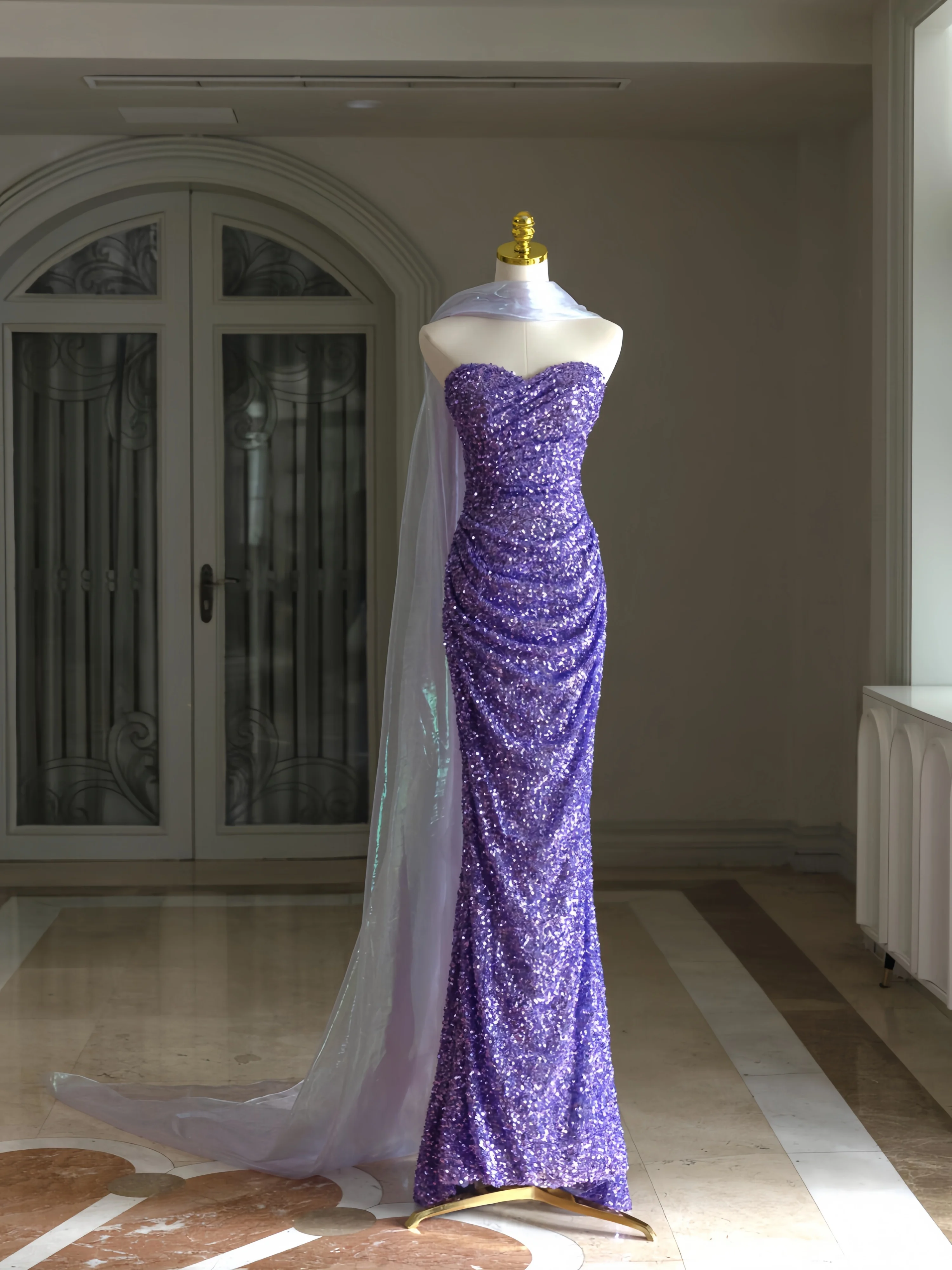 

Sparkling Elegant Purple Evening Dress Sequins Sweetheart Neckline Strapless Sleeveless Ladies Formal Occasion Prom Dress