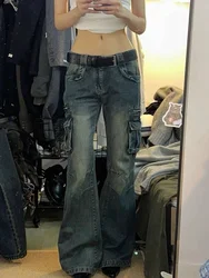 ADAgirl Ausgestellte Baggy-Jeans Frauen Y2k Retro Breite Bein Zipper Taschen Tun Alte Denim Hosen Hip Hop Casual Koreanischen Stil Mujer Hosen