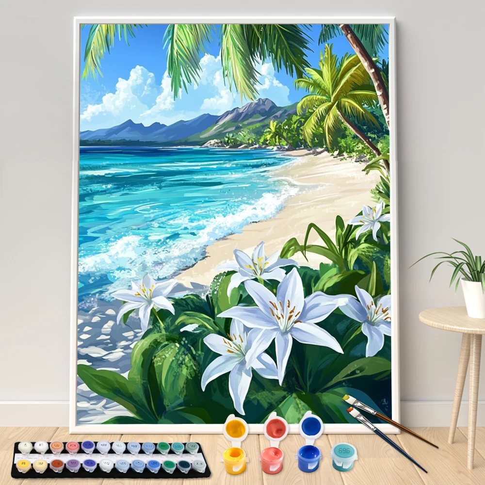 

Hand Painting White lilies on the seashore Landscape Painting By Numbers Kit DIY Artwork Canva Art Home Decoration Gift