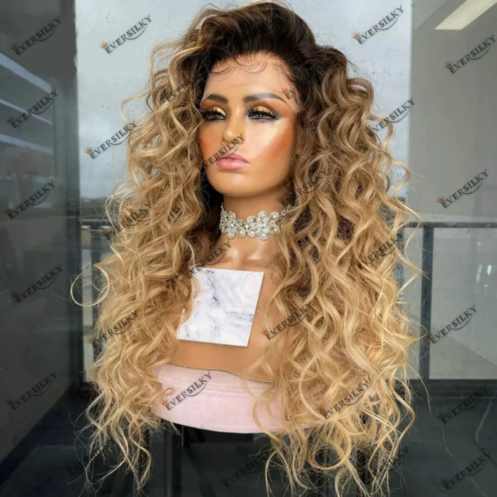 Loose Curly 360 Lace Frontal Wigs 100%Remy Indian Huaman Hair Omber Ash Brown Honey Blonde Mixed 5x5 Lace Closure Wig for Women