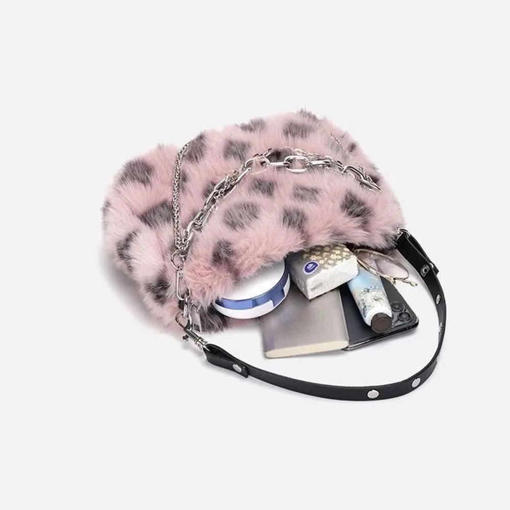 Women Faux Fur Winter Fashion Shoulder Bag Leopard Print Clutch Purses Fluffy Plush Female Handbags with Chain Strap