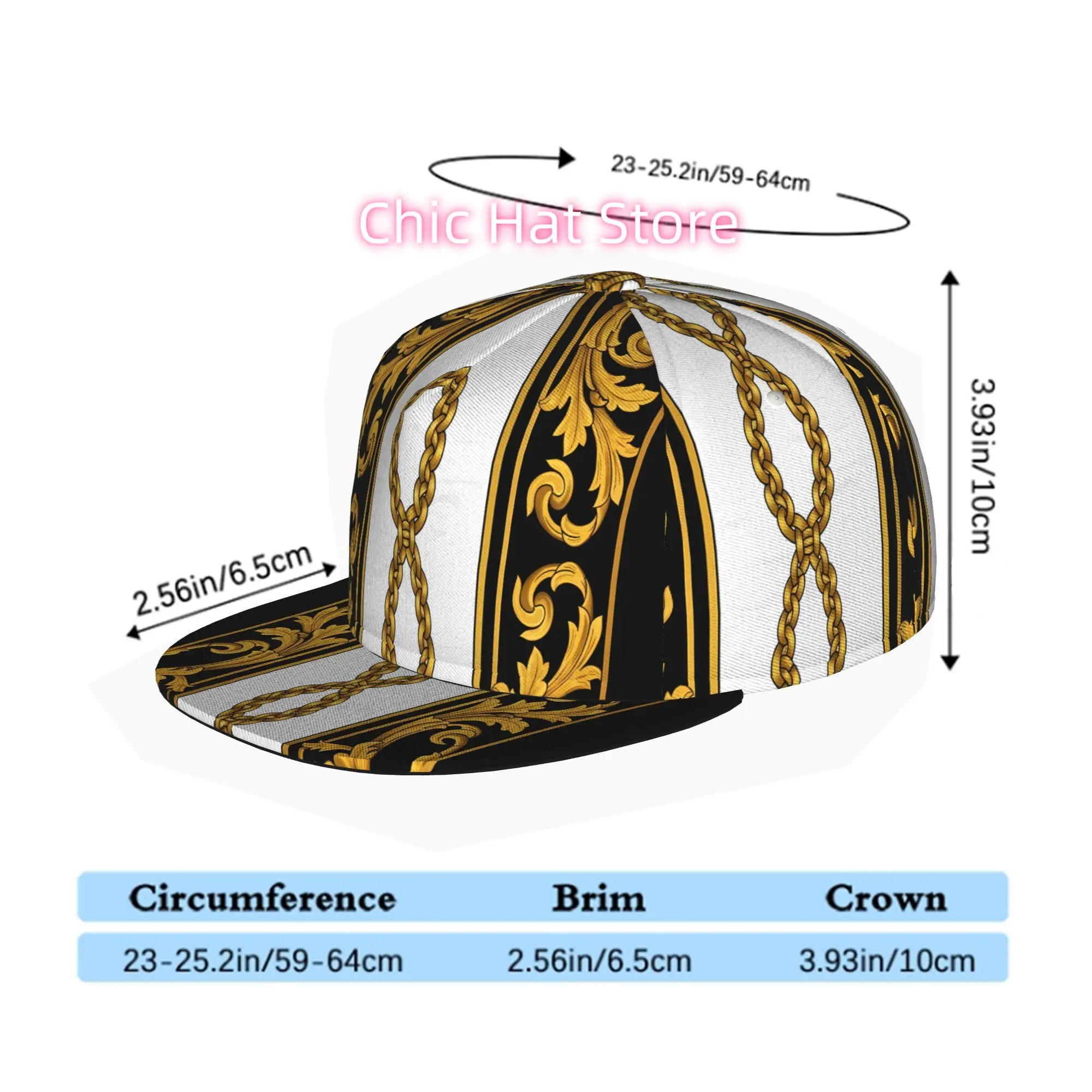 Unisex Flat Brim Baseball Cap Featuring a Golden Chain And Baroque Design, Perfect for Hip Hop Streetwear, Skateboarding, Dance,